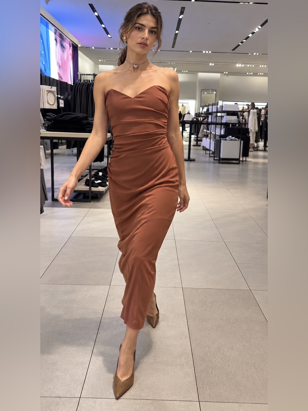 Zara Ruched Strapless Sweetheart Midi Dress Terracotta | Large | NWT